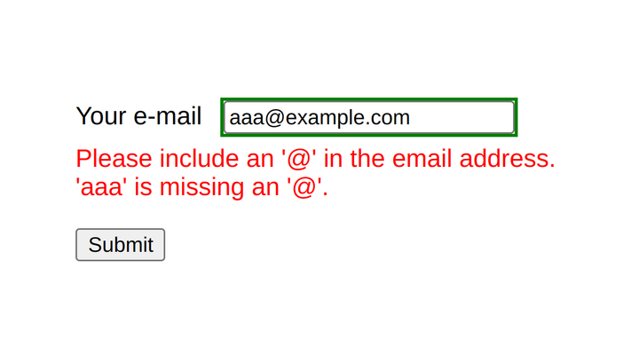 Screenshot of a form with a correct email address in a field, still displaying an error message 'Please enter an email address.'